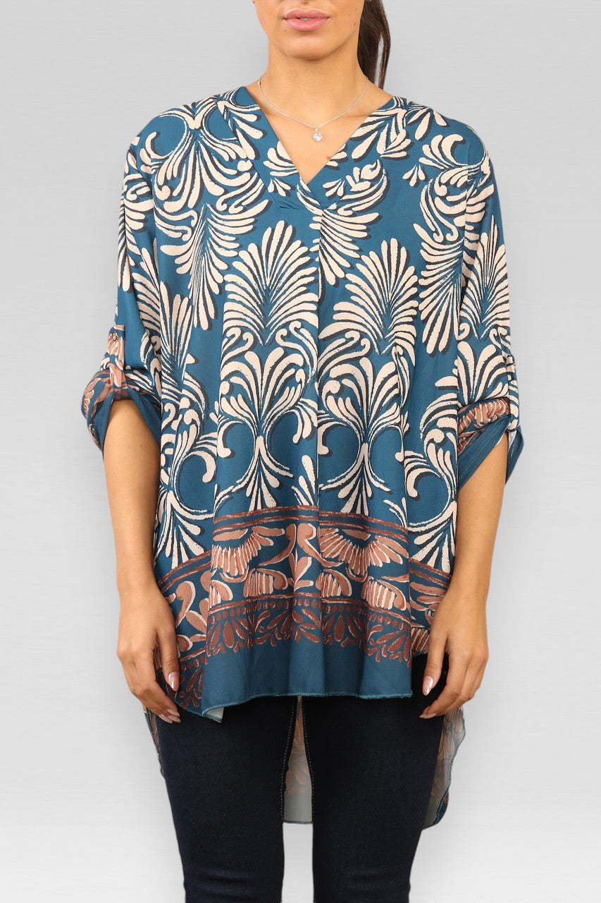 ART DECO PRINT BLOUSE TOP BLAUWGRIJS