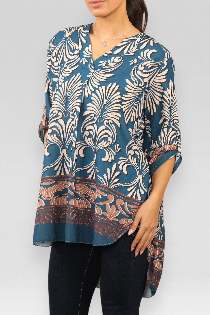 ART DECO PRINT BLOUSE TOP BLAUWGRIJS