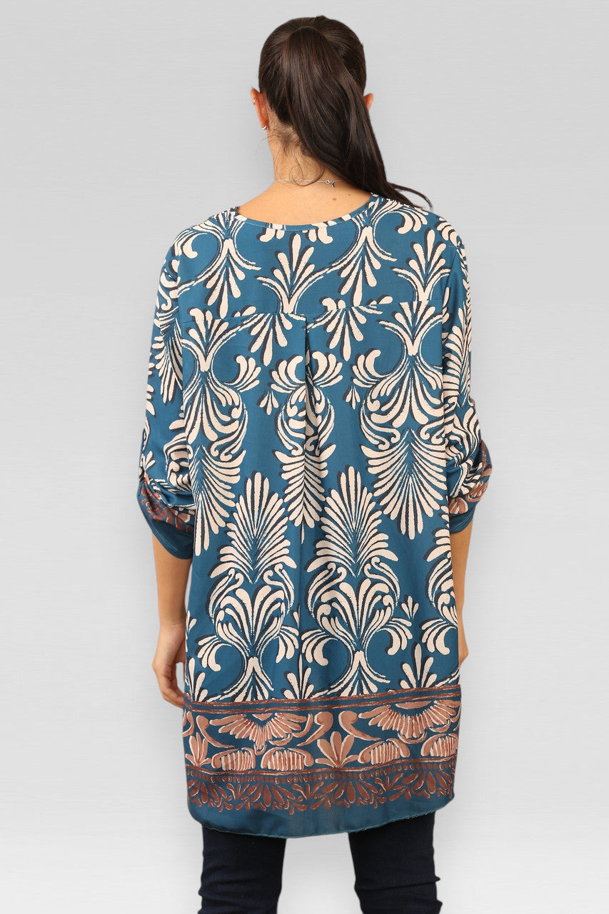 ART DECO PRINT BLOUSE TOP BLAUWGRIJS