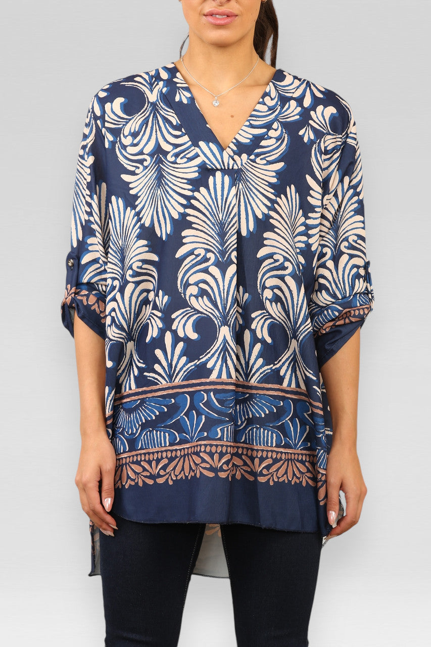ART DECO PRINT BLOUSE TOP NAVY
