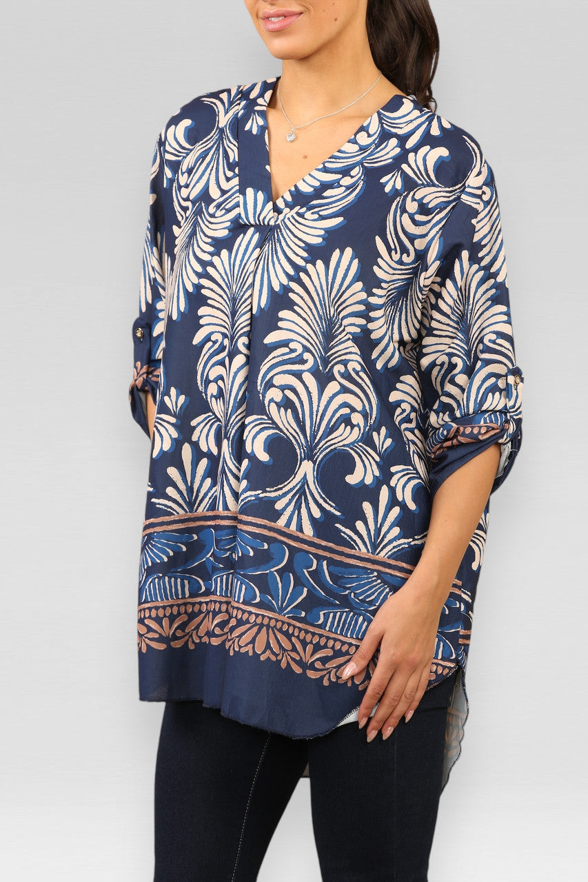 ART DECO PRINT BLOUSE TOP NAVY