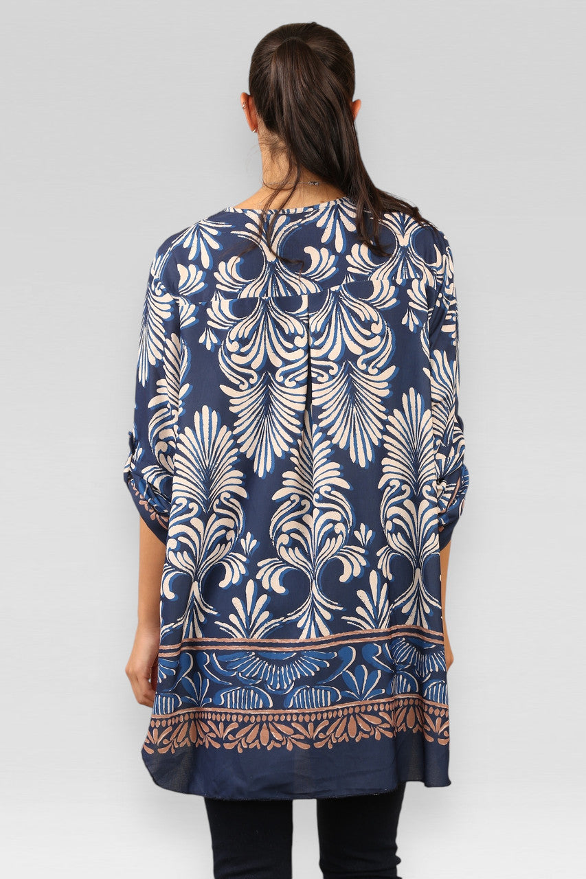 ART DECO PRINT BLOUSE TOP NAVY