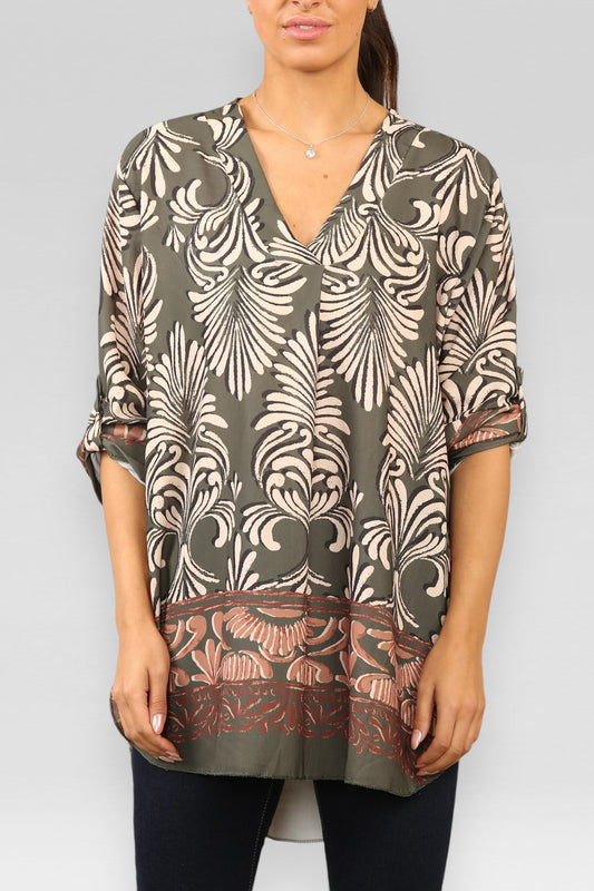 ART DECO PRINT BLOUSE TOP KAKI