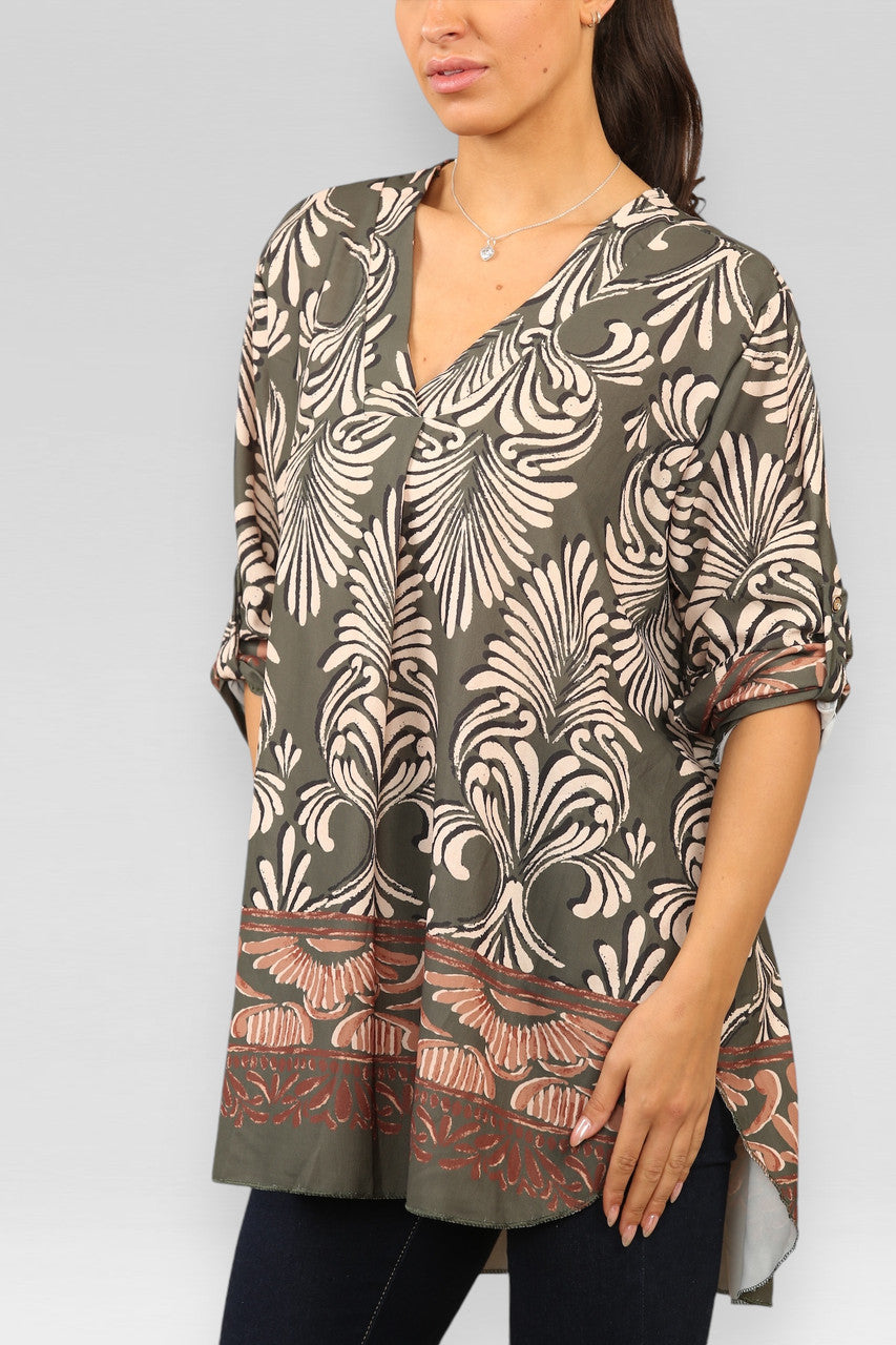 ART DECO PRINT BLOUSE TOP KAKI