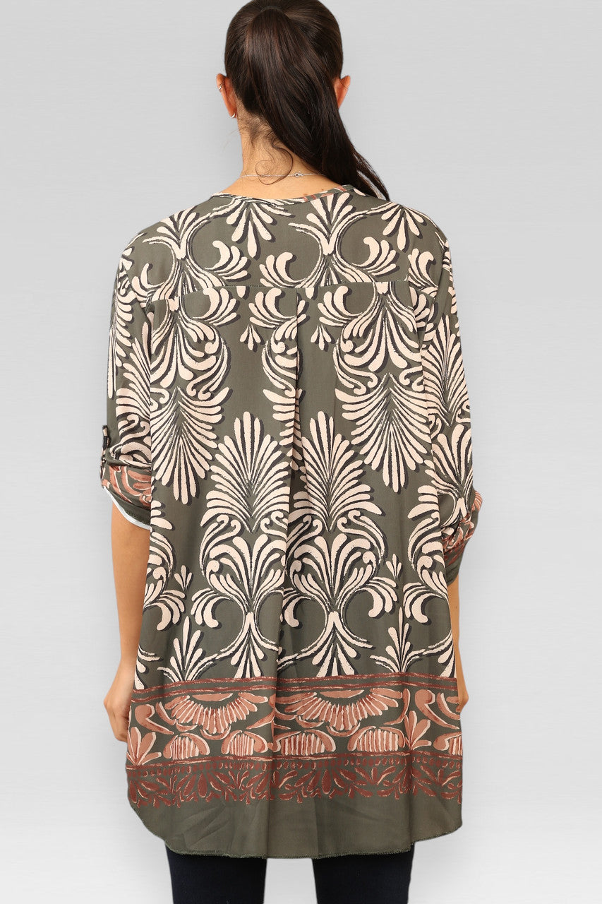 ART DECO PRINT BLOUSE TOP KAKI