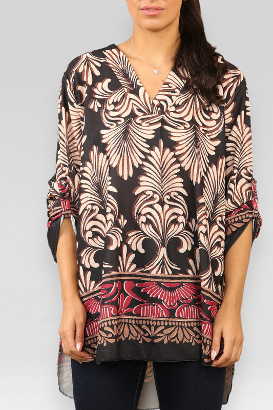 ART DECO PRINT BLOUSE TOP ZWART