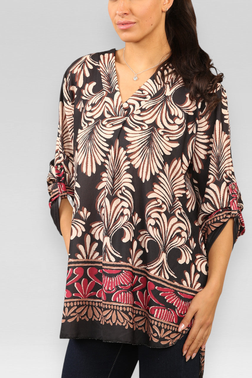 ART DECO PRINT BLOUSE TOP ZWART