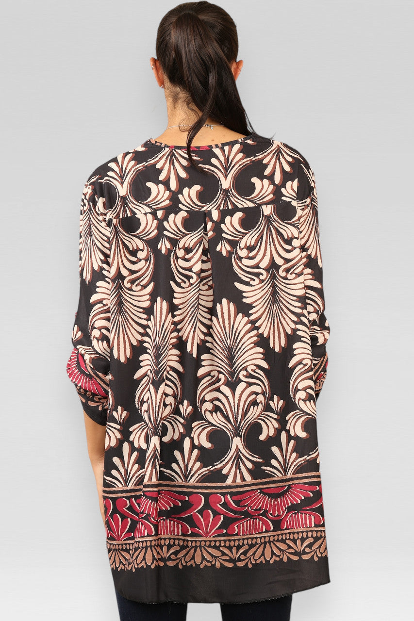 ART DECO PRINT BLOUSE TOP ZWART