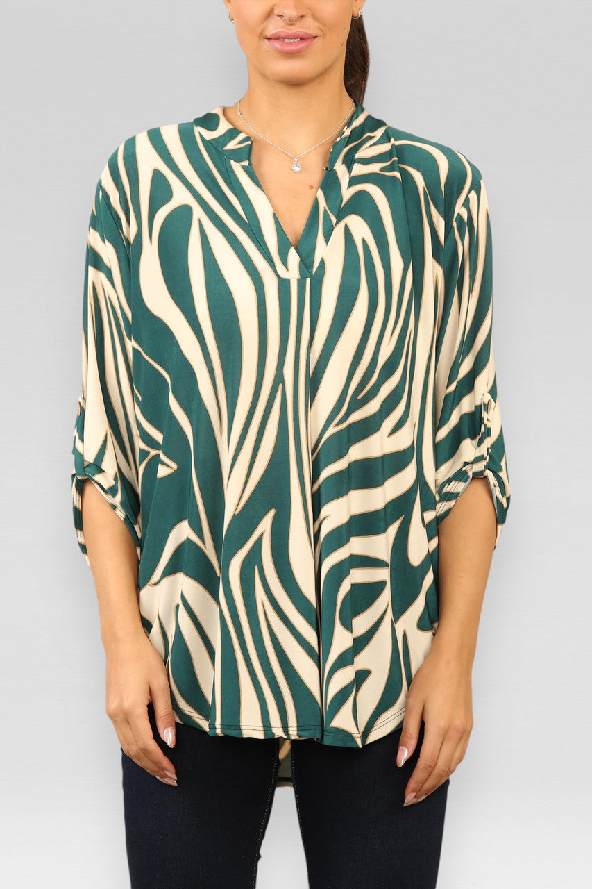 MARMEREN V-HALS BLOUSE MET WERVINGSPRINT GROEN