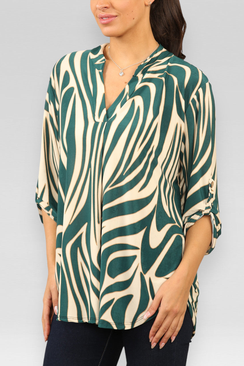 MARMEREN V-HALS BLOUSE MET WERVINGSPRINT GROEN
