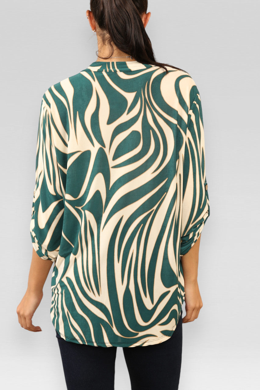 MARMEREN V-HALS BLOUSE MET WERVINGSPRINT GROEN