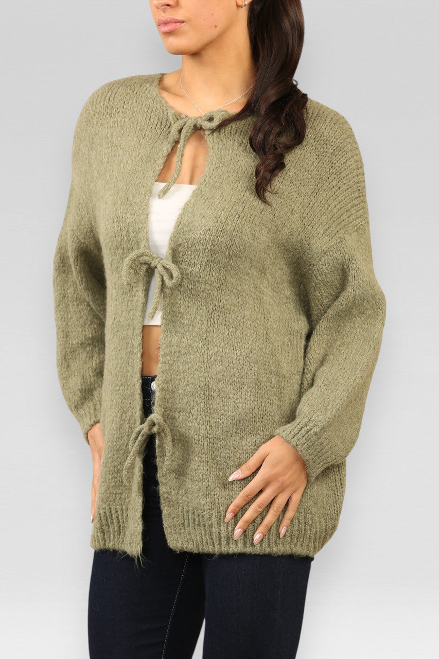 TIE FRONT DETAIL WOOL BLEND CARDIGAN KHAKI