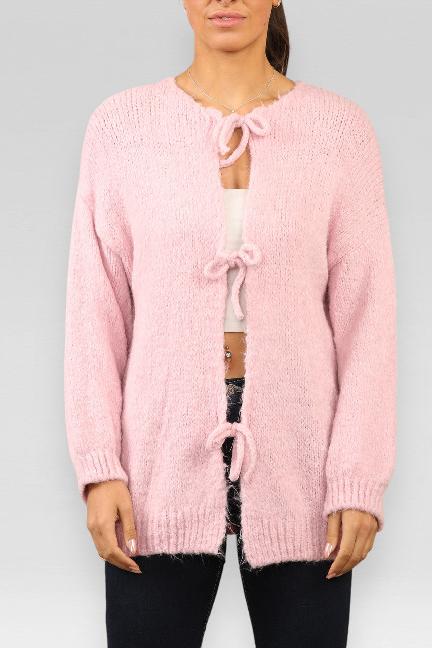 TIE FRONT DETAIL WOOL BLEND CARDIGAN PINK