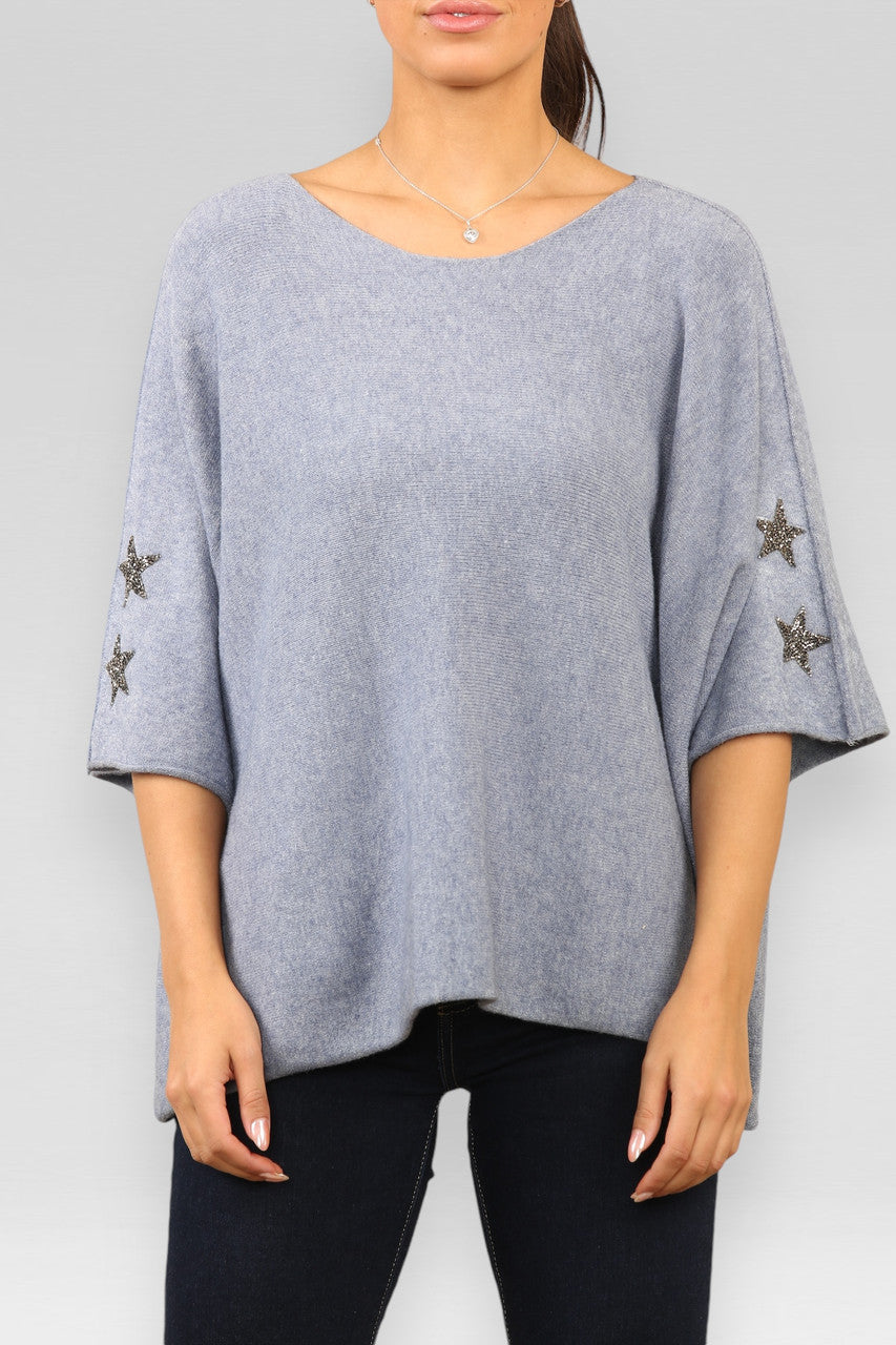 ZACHTE TRUI MET STERDETAILS EN KORTE MOUWEN DENIM