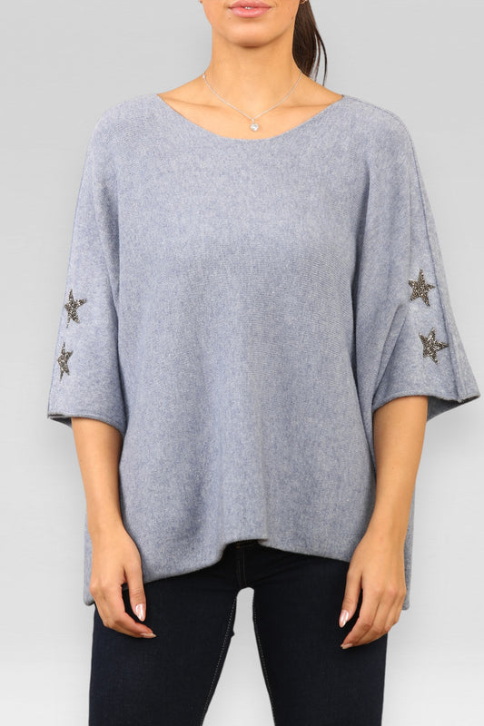 ZACHTE TRUI MET STERDETAILS EN KORTE MOUWEN DENIM