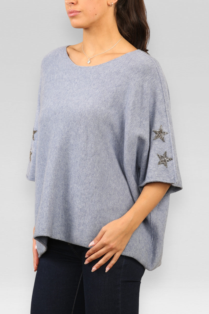 ZACHTE TRUI MET STERDETAILS EN KORTE MOUWEN DENIM