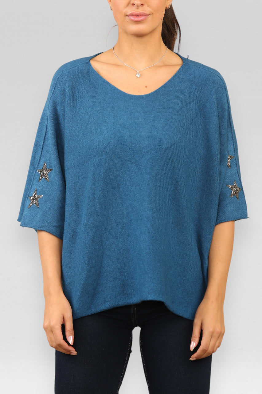 SOFT KNIT STAR DETAIL SHORT SLEEVE JUMPER TEAL