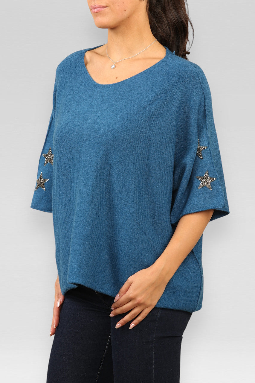 SOFT KNIT STAR DETAIL SHORT SLEEVE JUMPER TEAL