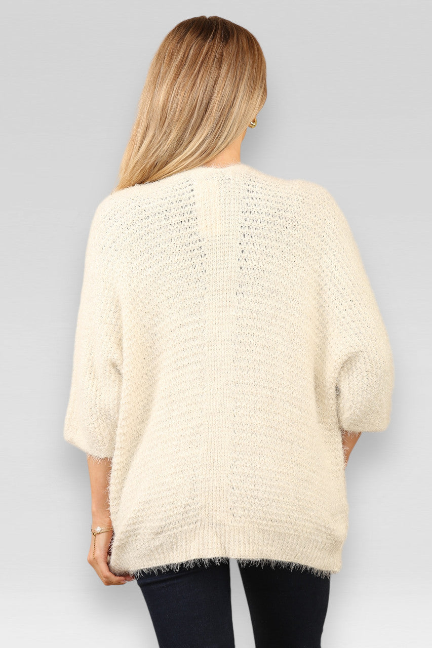 SOFT KNIT SHORT SLEEVE FLUFFY CARDIGAN STONE