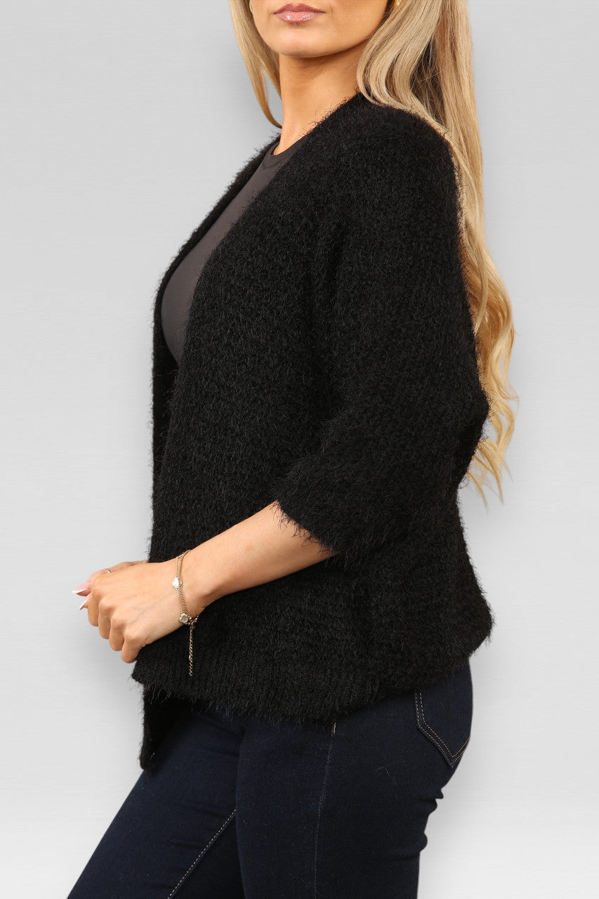 SOFT KNIT SHORT SLEEVE FLUFFY CARDIGAN BLACK