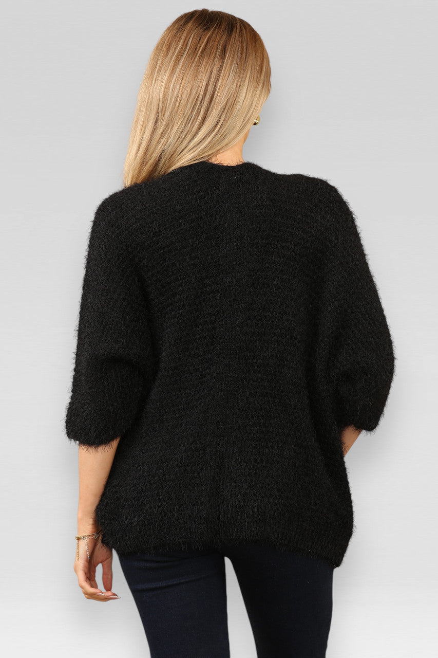 SOFT KNIT SHORT SLEEVE FLUFFY CARDIGAN BLACK