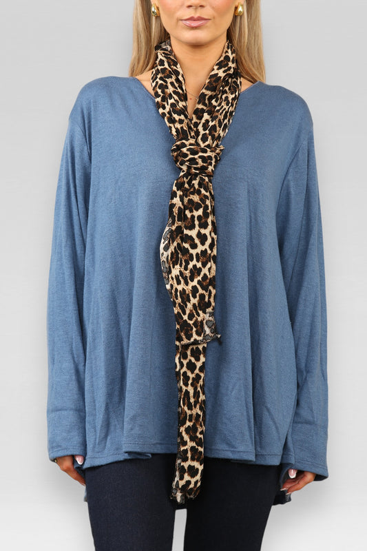 PLAIN FINE KNIT JUMPER WITH LEOPARD PRINT SCARF DENIM