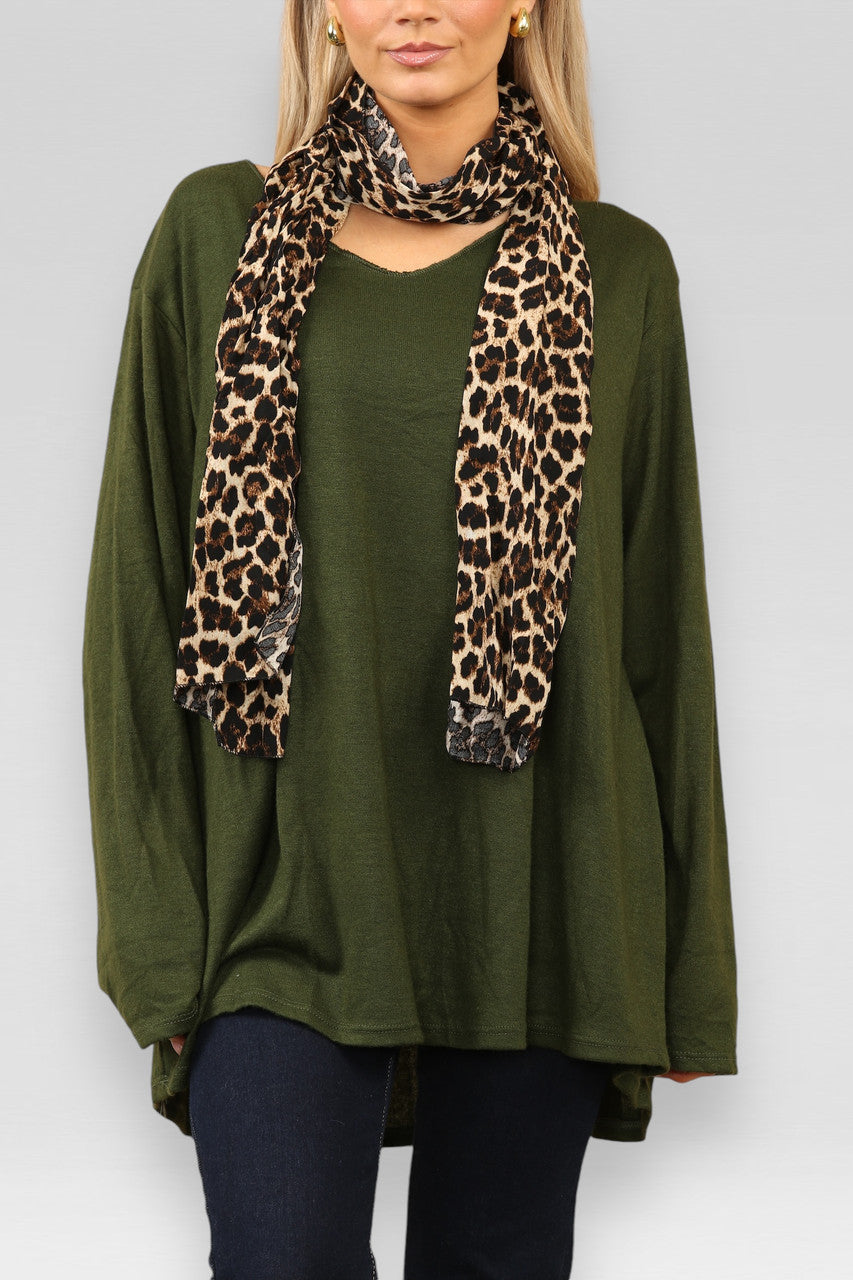 PLAIN FINE KNIT JUMPER WITH LEOPARD PRINT SCARF KHAKI