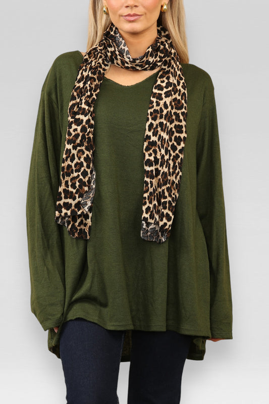 PLAIN FINE KNIT JUMPER WITH LEOPARD PRINT SCARF KHAKI