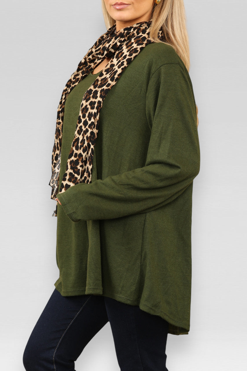 PLAIN FINE KNIT JUMPER WITH LEOPARD PRINT SCARF KHAKI