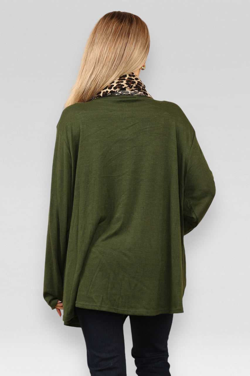 PLAIN FINE KNIT JUMPER WITH LEOPARD PRINT SCARF KHAKI
