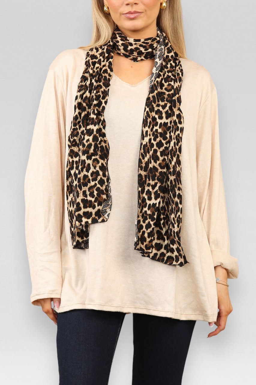 EFFEN FIJNGEBREIDE TRUI MET LEOPARDPRINT SJAAL STEENKLEUR