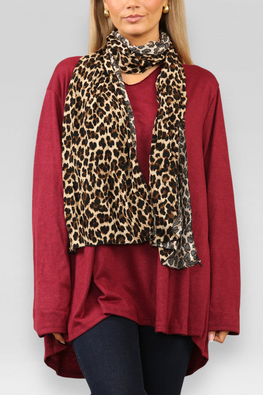 EFFEN FIJNGEBREIDE TRUI MET LEOPARDPRINT SJAAL BORDEAUX