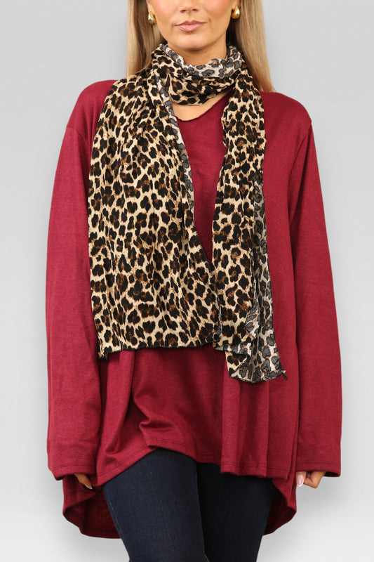 PLAIN FINE KNIT JUMPER WITH LEOPARD PRINT SCARF BURGUNDY