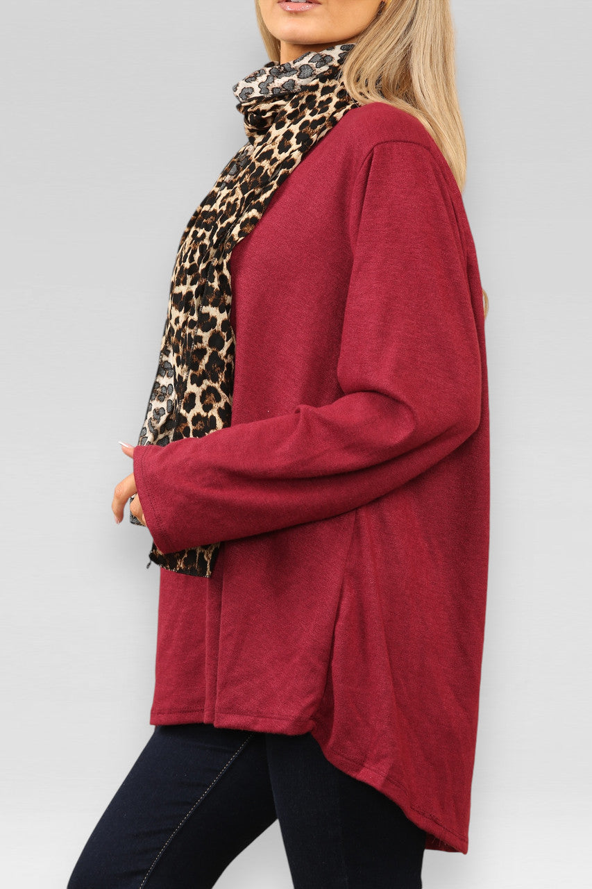 EFFEN FIJNGEBREIDE TRUI MET LEOPARDPRINT SJAAL BORDEAUX