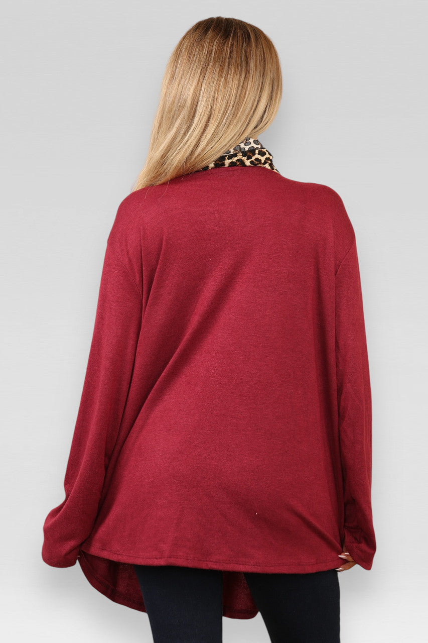 EFFEN FIJNGEBREIDE TRUI MET LEOPARDPRINT SJAAL BORDEAUX