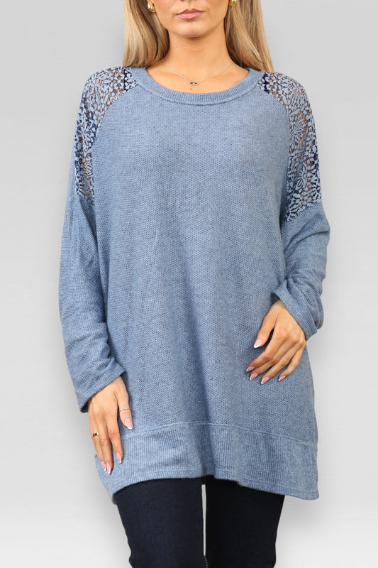 BURNOUT LACE SHOULDER DETAIL JUMPER DENIM