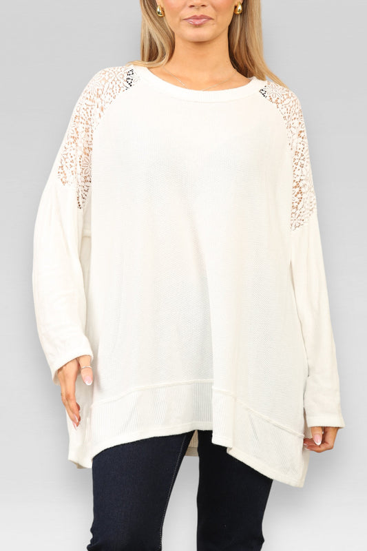 BURNOUT LACE SHOULDER DETAIL JUMPER WHITE