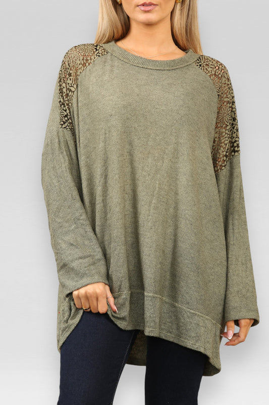 BURNOUT LACE SHOULDER DETAIL JUMPER KHAKI