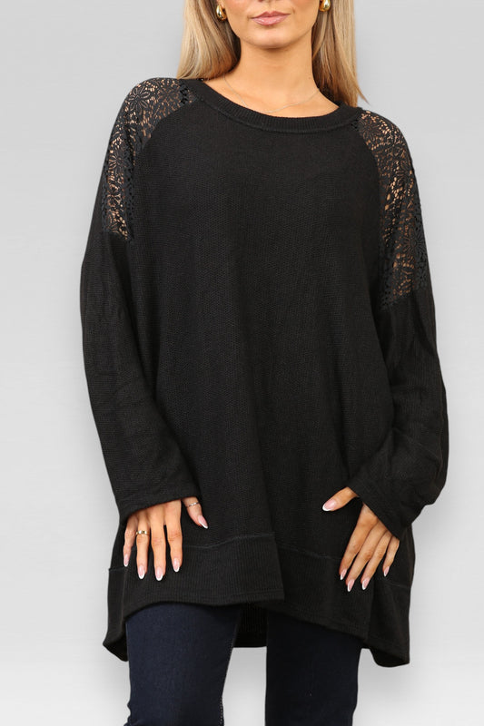 BURNOUT LACE SHOULDER DETAIL JUMPER BLACK