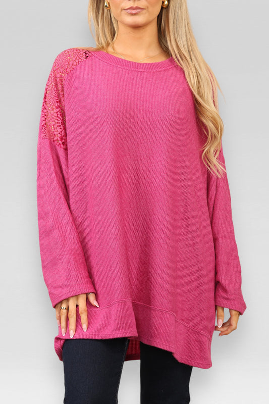 BURNOUT LACE SHOULDER DETAIL JUMPER CERISE