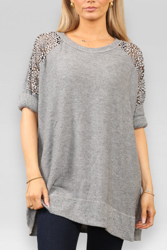 BURNOUT LACE SHOULDER DETAIL JUMPER GREY