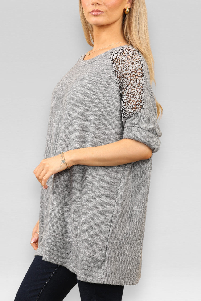 BURNOUT LACE SHOULDER DETAIL JUMPER GREY