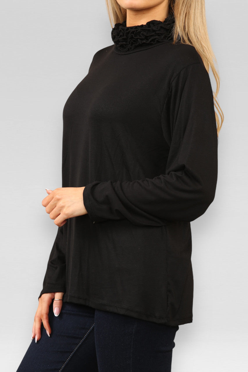 TOP MET RUFFLE-HALS EN LANGE MOUWEN ZWART