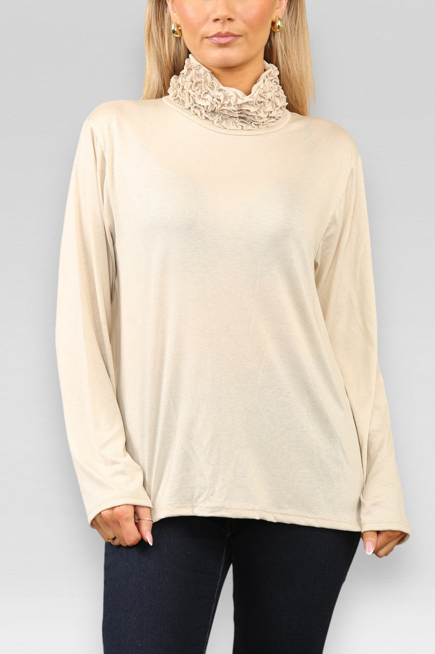 TOP MET LANGE MOUWEN EN RUFFELHALS STEENKLEURIG