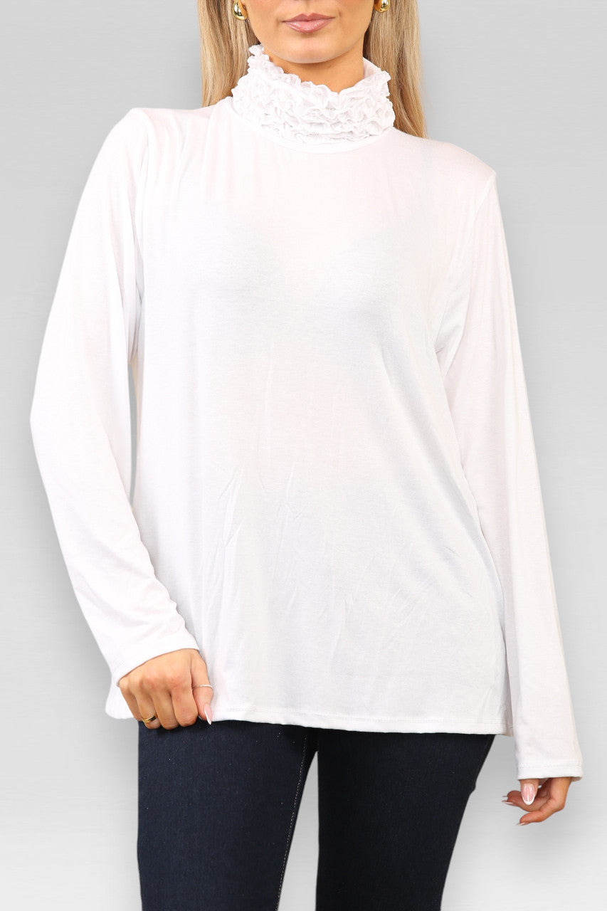 RUFFLE NECK LONG SLEEVE TOP CREAM