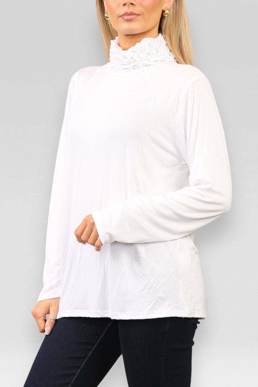 RUFFLE NECK LONG SLEEVE TOP CREAM