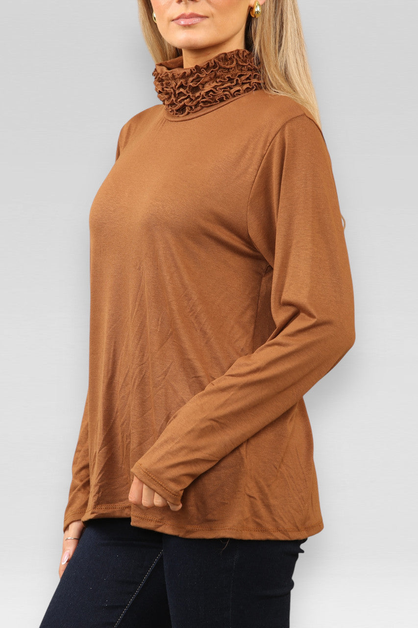 TOP LANGE MOUWEN MET RUFFELHALS TAN