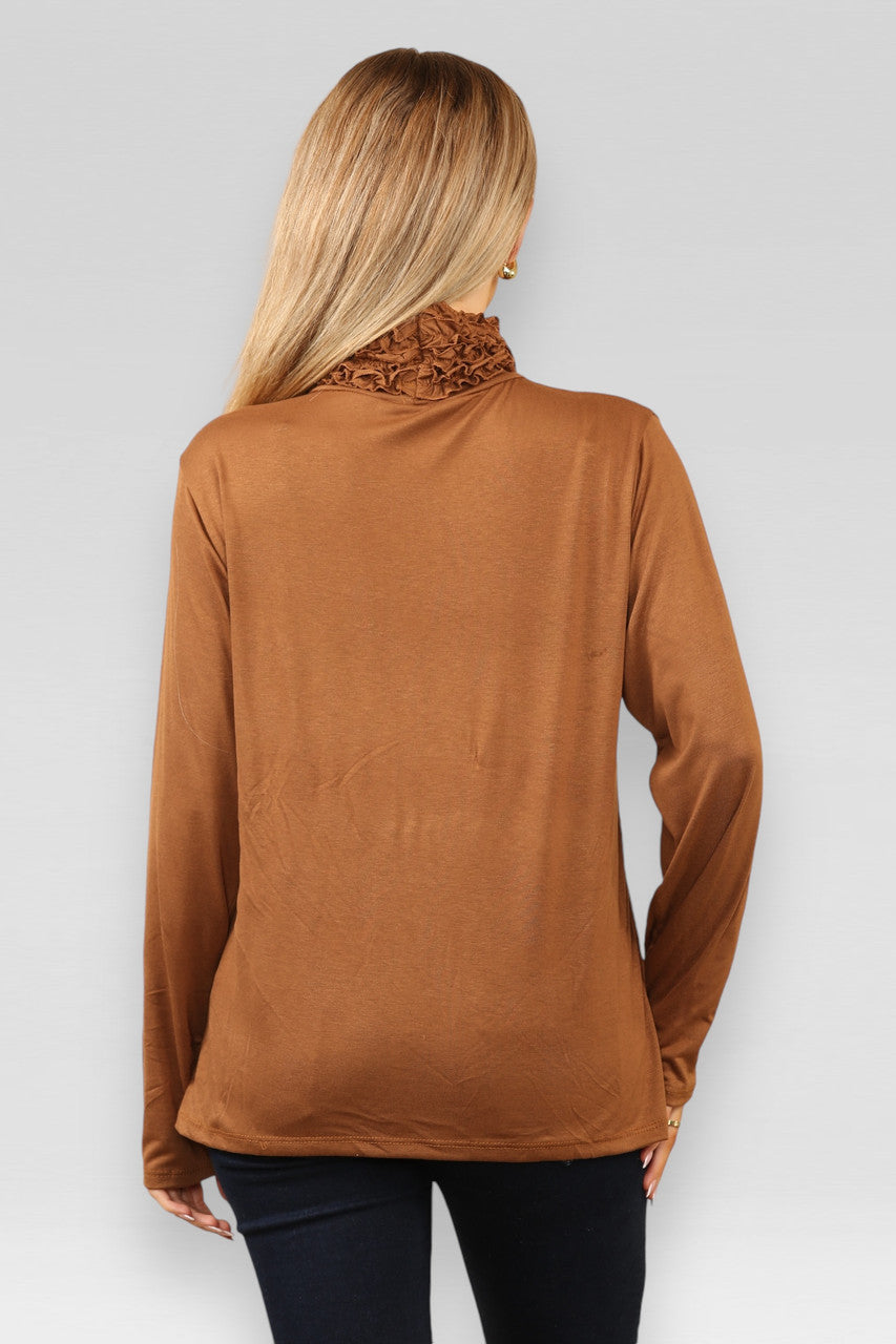 TOP LANGE MOUWEN MET RUFFELHALS TAN