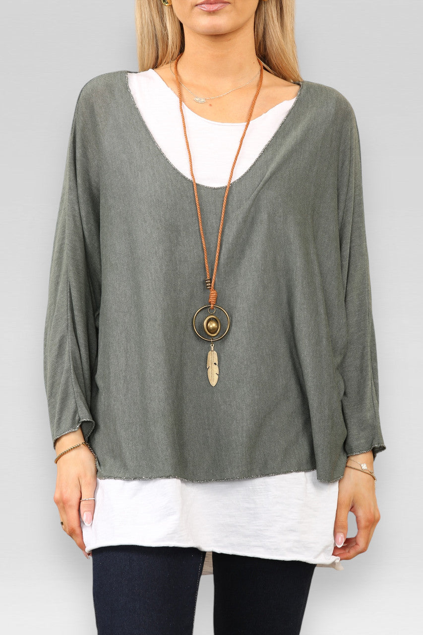 EFFEN TWEELAAGSE TOP MET KETTING - KHAKI