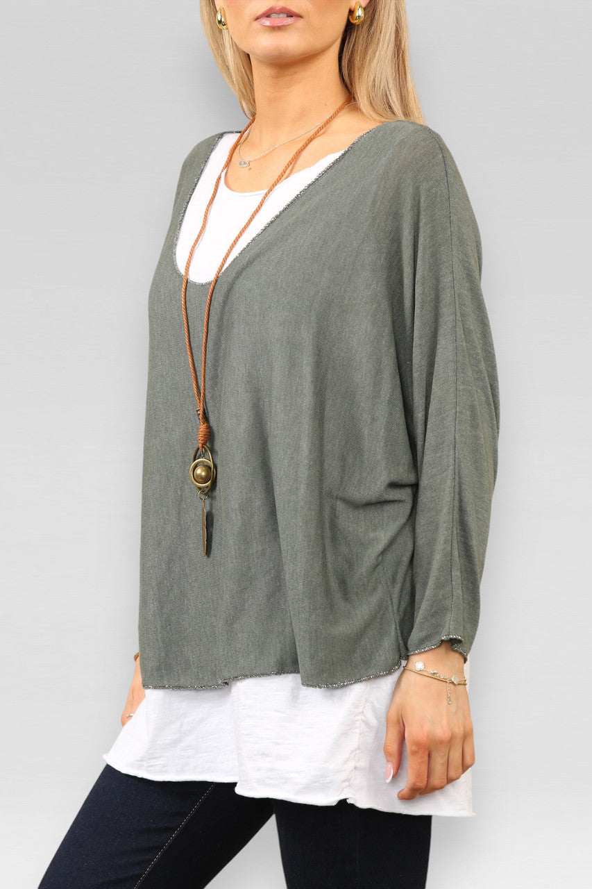 EFFEN TWEELAAGSE TOP MET KETTING - KHAKI